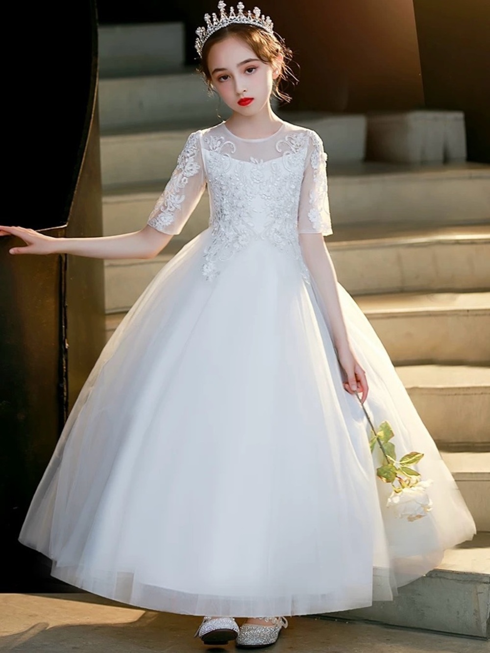 White Lace Tulle Flower Girl Dress with Sheer Bodice 7-8T
